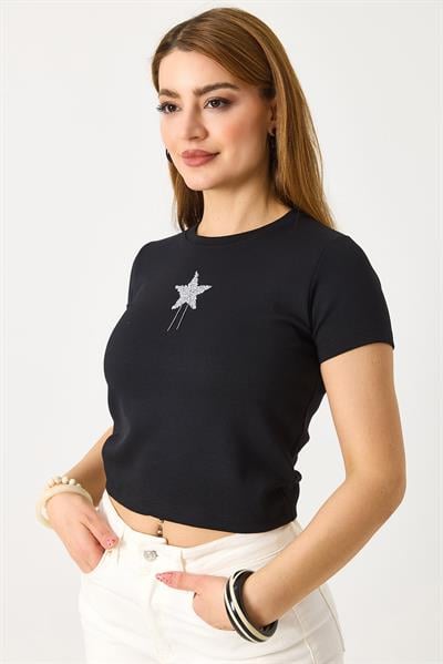 Kadın Kısa Kollu Yıldız Taşlı Crop Bluz Siyah