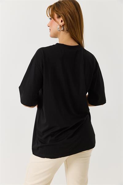 Kadın Ayıcık Figürlü Bisiklet Yaka Oversize Tshirt Siyah