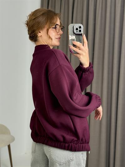 Üç İplik Şardonlu Bordo Beli Lastikli Fermuarlı Hırka