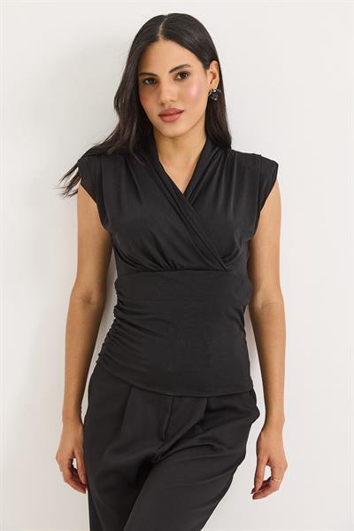 Kruvaze Yaka Vatkalı Sıfır Kol Bluz Siyah