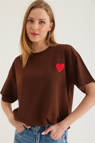 Bisiklet Yaka  Kısa Kol Basic Tshirt Kahve