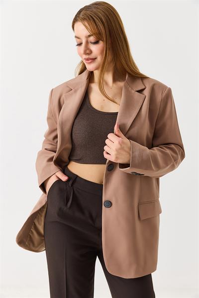 Kadın Oversize Çift Düğmeli Blazer Ceket Kahverengi