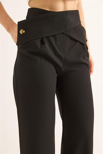 Beli Çapraz Model Geniş Paça Pantolon Siyah