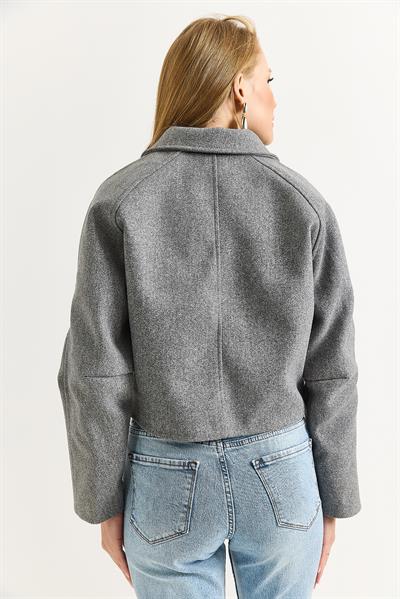 Kadın Crop Kaşe Ceket Düğmeli Cepli GRİ