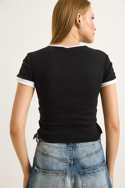 Bisiklet Yaka Baskılı Crop Tshirt Siyah