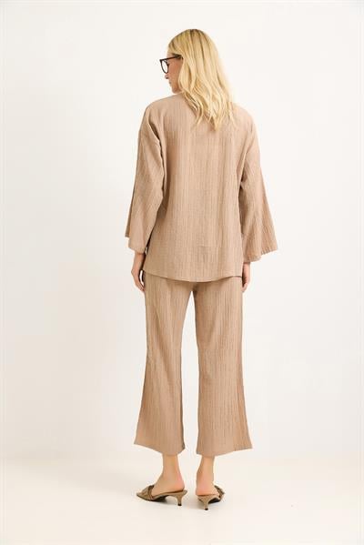 Kimonolu Pantalon Krınkıl Takım Bej