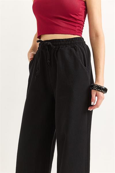 Kadın Pantalon Geniş Paça Bağcıklı  Pantalon Siyah