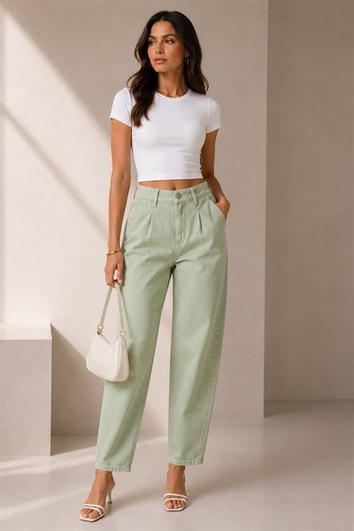 Kadın Yüksel Bel Mom Model Pantolon Yeşil