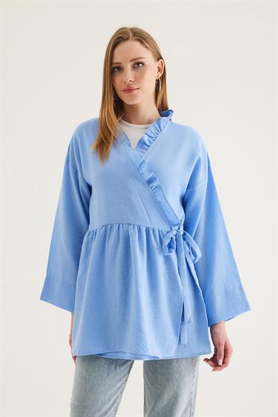 Yandan Bağlamalı Yakası Fırfırlı Kimono Mavi