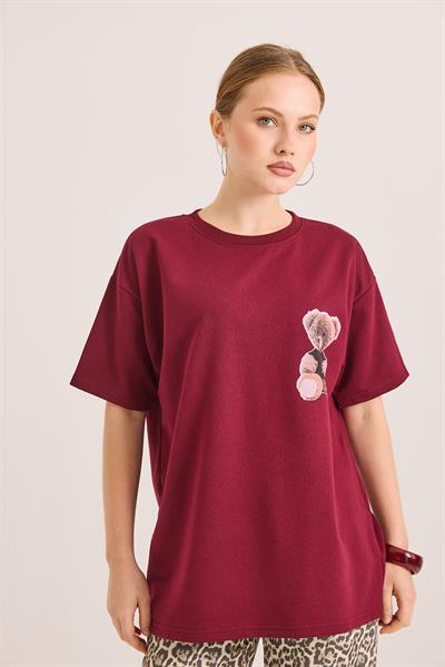 Ön Ve Arka Baskılı İki İp Oversize Örme Tshirt Bordo