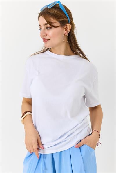 Kadın Bisiklet Yaka Baskısız Düz Bisiklet Yaka Tshirt Beyaz