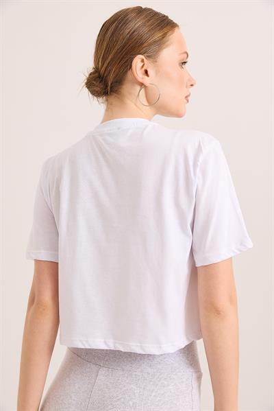 Karikatür Kuş Baskılı Pamuk Örme Crop Tshirt Beyaz