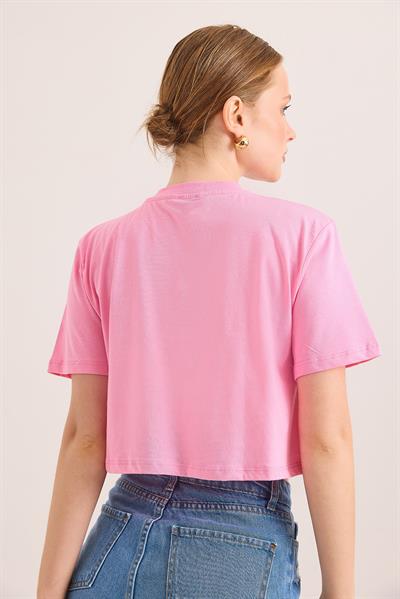 Karikatür Kuş Kabartma Baskılı Örme Crop Tshirt Pembe