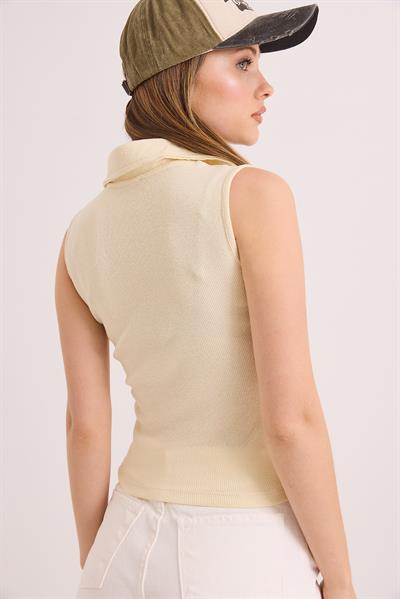 Sıfır Kol Polo Yaka Basıc Örme Kaşkorse Bluz Bej