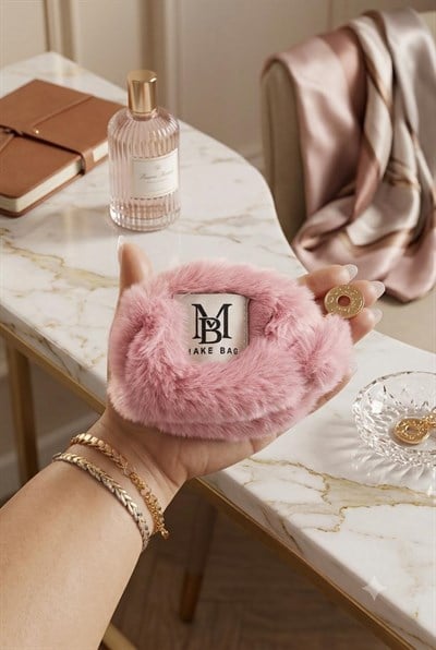 Kadın Peluş Tüylü 10X7 Ölçülü Mini Boy Makyaj Çantası Pembe