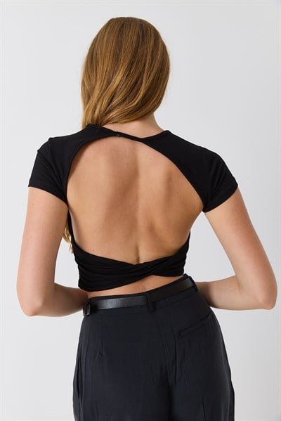 Kadın Bisiklet Yaka Sırt Dekolteli Crop Bluz Siyah