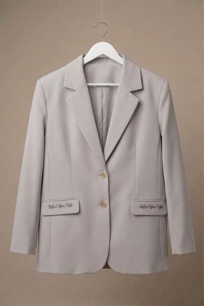 Kadın Kruvaze Yaka Cepleri Yazı Detaylı Blazer Ceket Gri 