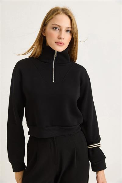Kadın Yarım Fermuar Dik Yaka Kadın Sweat Siyah
