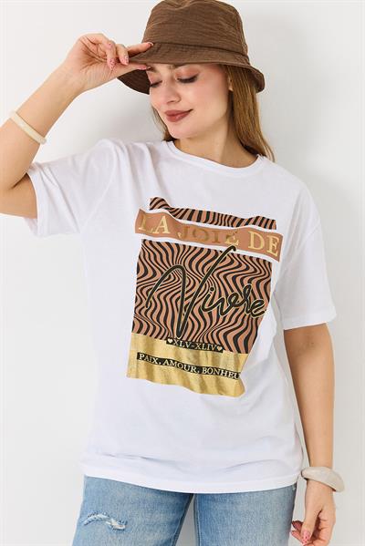 Kadın Parlak Yazılı Baskılı Tshirt Beyaz