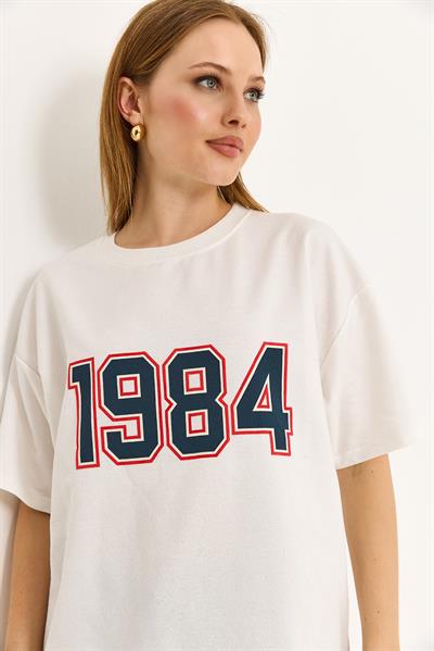 1984 Baskılı Oversize Tshirt Ekru