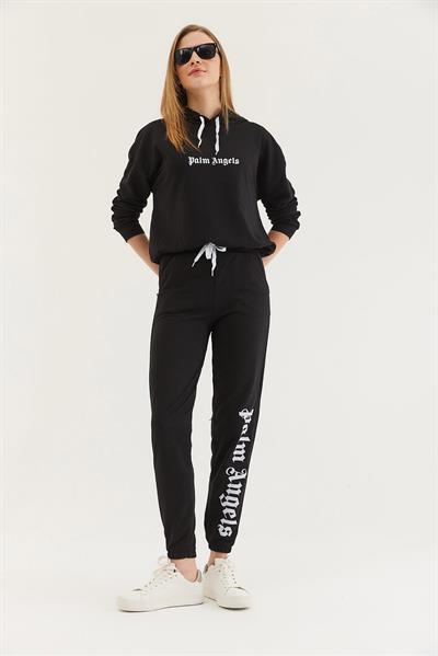 Kapüşonlu Paça Lastikli Eşofman Takım Siyah