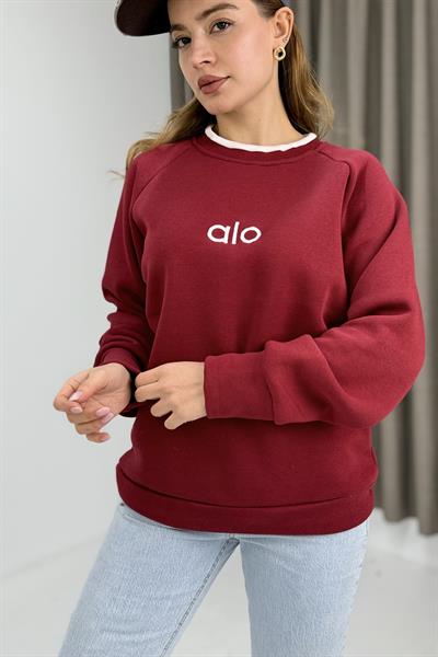 Kadın Yakası Garnili Bol Kesim Sweatshirt Bordo