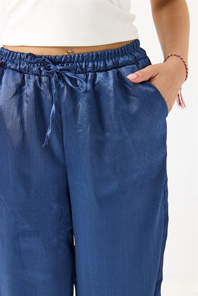 Kadın Saten Bol Kesim Salaş Beli Lastikli Pantolon Petrol Mavisi