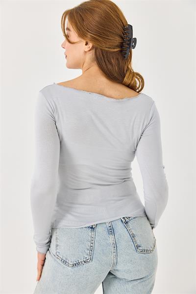 Kayık Yaka Kaşmir Uzun Kollu Bluz Gri