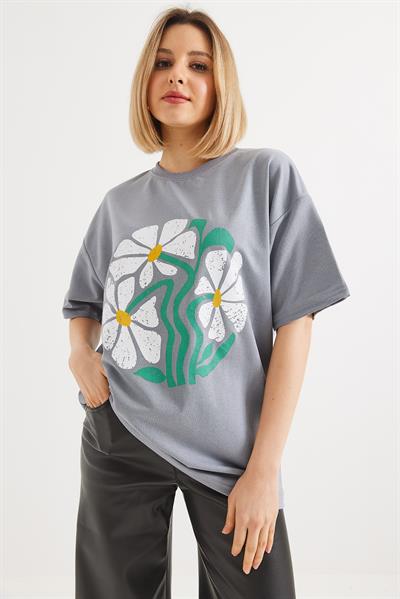 Baskılı Bisiklet Yaka Tshirt Gri