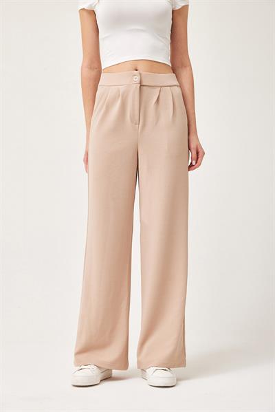 Yüksek Bel Cepli Palazzo Pantolon Krem