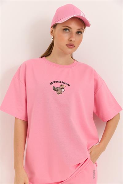 Duck Nakışlı Oversize İki İplik Tshirt Pembe