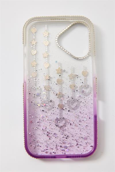 İphone 16  Uyumlu Şeffaf ve Mor Geçişli Kalp-Yıldız Taşlı Kılıf Mor
