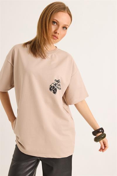 Baskılı Oversize İki İplik Tshirt Vizon