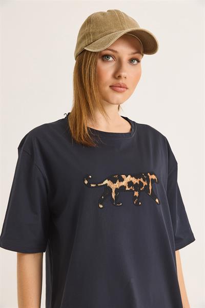 Ön Arka Nakışlı Oversize Pamuk T-Shirt Antrasit