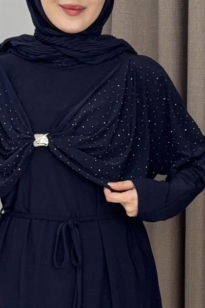 Kadın Beli Kemer Detaylı Taşlı Sandy Takım Lacivert