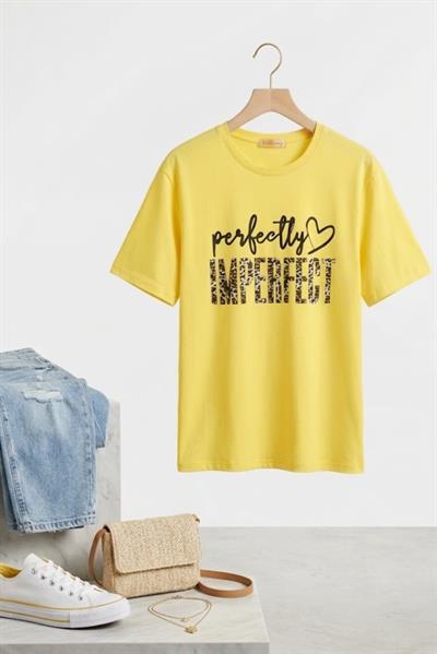 Kadın Bol Kesim Bisiklet Yaka Kısa Kol Tshirt Sarı