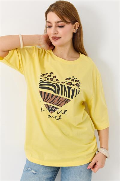 Kadın Kalp Baskılı Bisiklet Yaka Tshirt Sarı