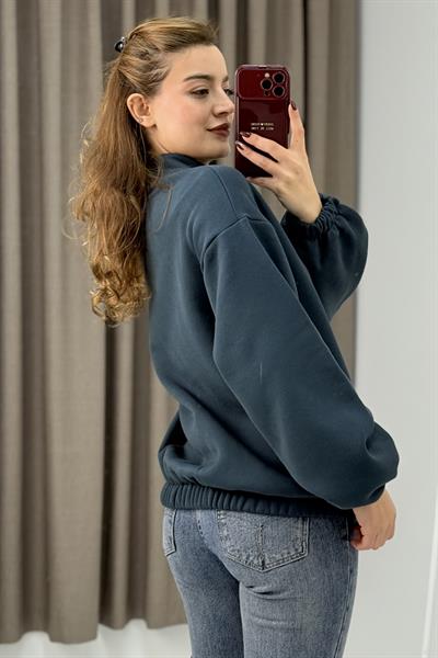 Üç İplik Şardonlu Antrasit Beli Lastikli Fermuarlı Hırka