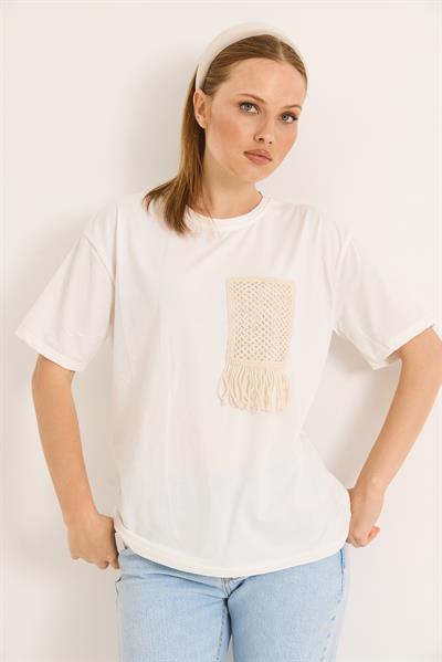 Hasır Cepli Yumuşak Dokulu Fit Tshirt Krem