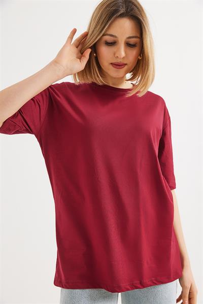 Oversize Bisiklet Yaka Basic Tshirt Bordo
