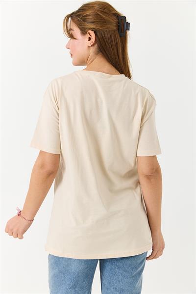 Kadın Basketbol Grafik Baskılı Günlük Tshirt  Krem