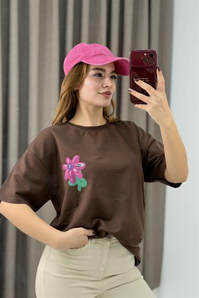 Baskılı Bisiklet Yaka Basic Tshirt Kahverengi