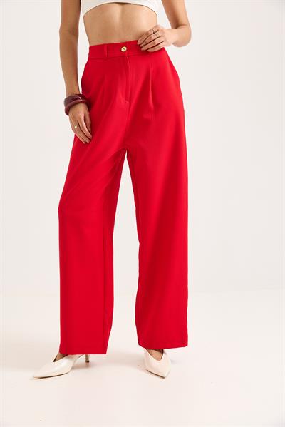 Yüksek Bel Bol Paça Pantalon Kırmızı
