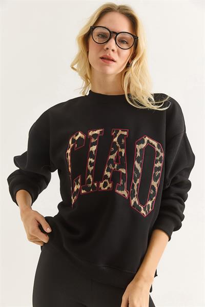 Kadın Üç İplik Leopar Baskılı Sweatshirt Siyah