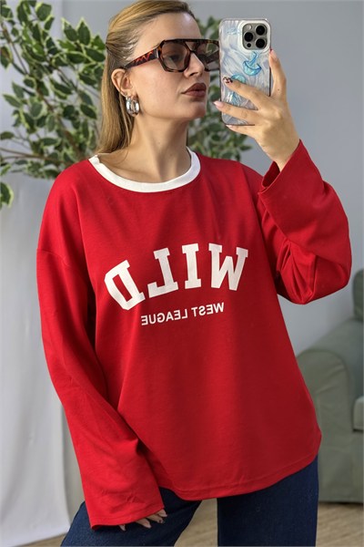 Kadın Yazı Baskılı Bisiklet Yaka Uzun Kollu Tshirt Kırmızı