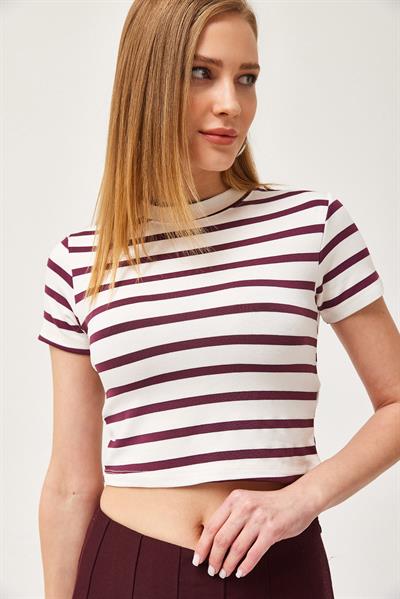 Çizgili Bisiklet Yaka Crop Bluz Mor