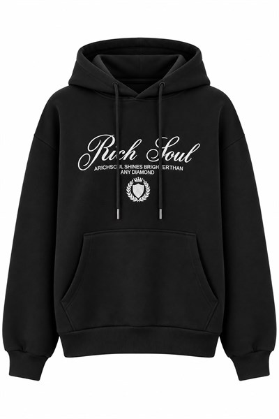 Kadın Baskılı Oversize Kapüşonlu Cep Detay Sweatshirt Siyah