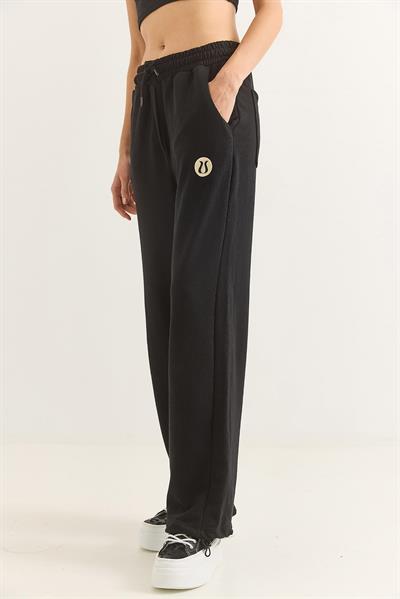 Kadın Paçası Lastıkli Geniş Paça Eşofman Altı Siyah