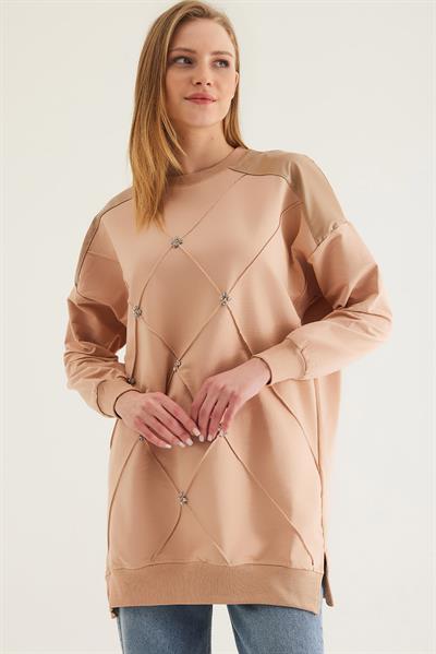 Deri Garnilli Taşlı İki İp Tunik Vizon