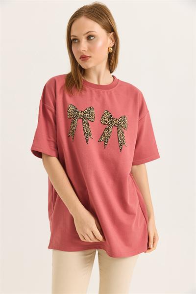 Kurdele Baskı Detaylı Basic TShirt Gül Kurusu